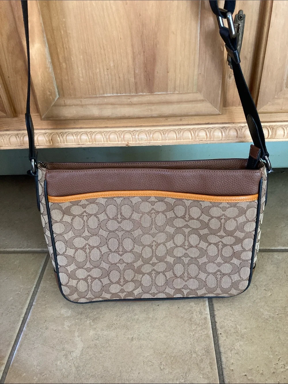 Coach Men’s Brown Signature Patterned Crossbody Messenger Bag with Stripe Accent
